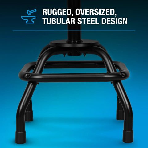 Bottom view of Backrest Shop Stool For Garage And Workshop Adjustable 22 To 28 Inches 360 Swivel with tubular steel frame