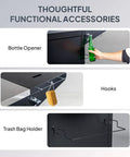 Outdoor Grill Cart With Sink And Built In Cold Drink Fridge showing accessories: bottle opener, hooks, and trash bag holder.