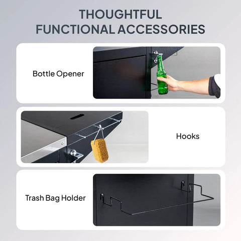 Outdoor Grill Cart With Sink And Built In Cold Drink Fridge showing accessories: bottle opener, hooks, and trash bag holder.
