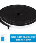Roll of Foam Insulation Tape For Doors And Windows, High Density CR Foam Neoprene Weather Stripping, 16.5 Feet, shown with dimensions.