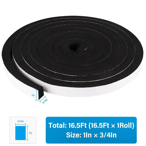 Roll of Foam Insulation Tape For Doors And Windows, High Density CR Foam Neoprene Weather Stripping, 16.5 Feet, shown with dimensions.