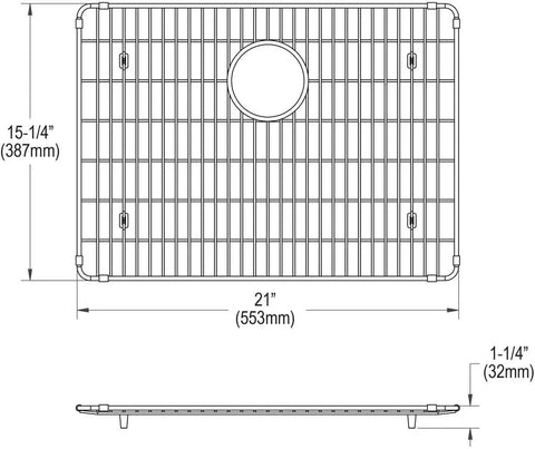 Crosstown Stainless Steel Bottom Grid CTXBG2115 for 21 x 15.25 x 1.25 inch sinks, top and side view with dimensions.