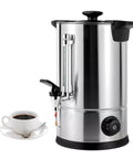 Party Ready Commercial Coffee Urn And Tea Maker 8L Large Stainless Steel Beverage Dispenser with cup, ideal for events and offices.