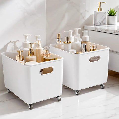 White storage bins on wheels filled with beauty products, ideal for organized bathroom use.