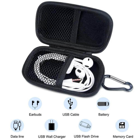 Portable Clamshell Electronic Organizer Case For Earbuds Headphones And Chargers with earbuds and USB cable inside, compact black design.