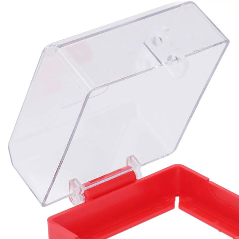 Clear Emergency Stop Button Lockout Cover with hinged design, open view; transparent shield with mounting area for screws or adhesive.