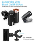 Top Shelf Adjustable Fan Clamp Attachment For Shark ChillPill 3 In 1 Cooling Fan showing secure grip for round bars 10-50mm in diameter.