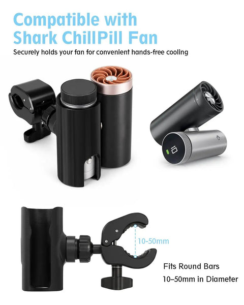Top Shelf Adjustable Fan Clamp Attachment For Shark ChillPill 3 In 1 Cooling Fan showing secure grip for round bars 10-50mm in diameter.