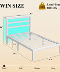 Totally Sweet Twin Size Metal Bed Frame With White Storage Headboard Featuring Smart App Control Rgb Led Lights And Built In Usb Charging Ports For Ultra Chill Bedroom Setups That Slap, with dimensions and load capacity.