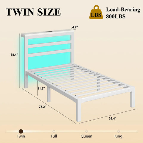 Totally Sweet Twin Size Metal Bed Frame With White Storage Headboard Featuring Smart App Control Rgb Led Lights And Built In Usb Charging Ports For Ultra Chill Bedroom Setups That Slap, with dimensions and load capacity.