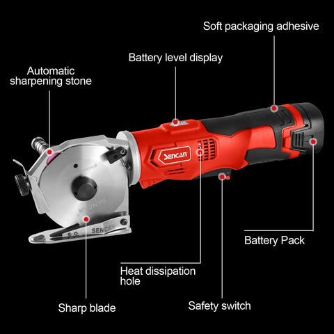 Sencan Cordless Electric Rotary Shear Cutter features battery level display, sharp blade, safety switch, and automatic sharpening stone.