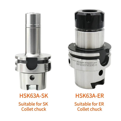 Premium HSK63A Tool Holder With ER16, ER20, ER25 & ER32 Collet Chucks For CNC Milling Machines, showing HSK63A-SK and HSK63A-ER.