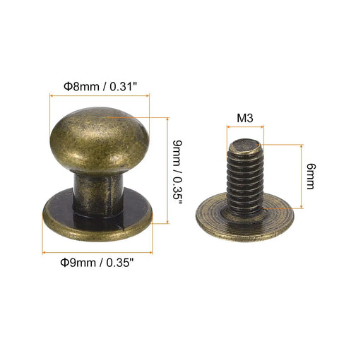 8mm Ball Head Stud Rivet Set With Screw Back 15 Pack For DIY Leather Craft Handbag And Belt Bronze Tone Zinc Alloy Button
