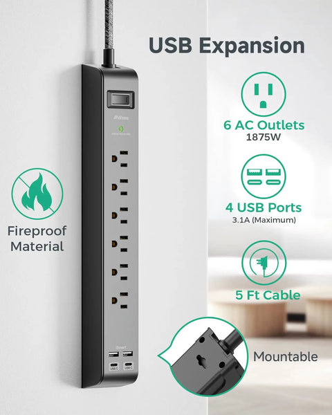 Two Pack Surge Protector Power Strips With Six Outlets And Four USB Ports, Five Foot Braided Extension Cords, Flat Plug, ETL Listed