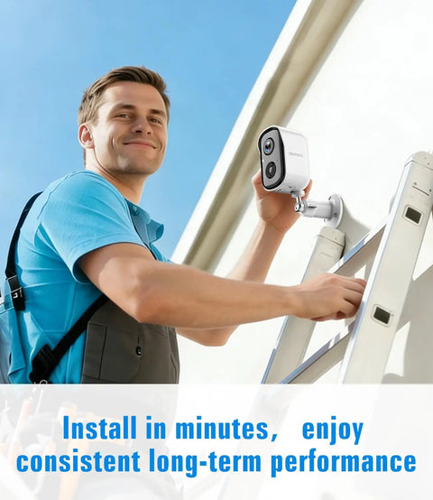 Person installing Wireless Outdoor Security Cam System With 2K HD Color Night Vision on house wall using ladder