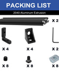 Packing list for Two Pack 2040 Aluminum Extrusion V Slot 1220mm 48 Inch Black Heavy Duty, includes corner bracket kit and screws.