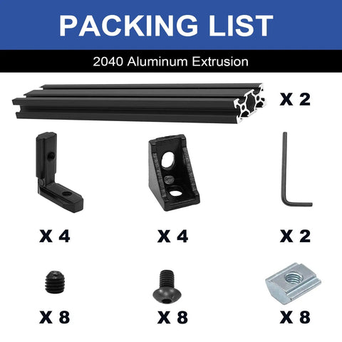 Packing list with 2 Pack 2040 Aluminum Extrusion V Slot 300mm Black Profile 20x40, brackets, screws, and tools displayed