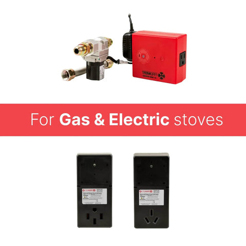 Smart Gas Stove Auto Shut Off Device With Integrated Smoke Sound Detector For Kitchen Fire Prevention Senior Parent Safety And Household Protection Game Changer Totally Foolproof One Half Inch Gas Line Compatible, red unit and sensor shown for gas and electric stoves.