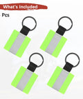 Four Pack Fluorescent Green Reflective Safety Pendants For Night Running, Cycling, Walking, Hiking, And Backpack Gear And Double Sided Fabric Reflective Keychain Tags showing four pendants with keyrings