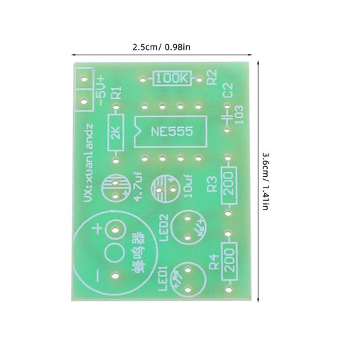 Green printed circuit board for Dope Dual 555 Timer Circuit Kit for Electronics Training and DIY Projects, dimensions shown