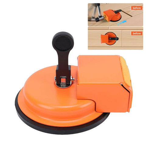 Heavy Duty Floor Gap Fixer And Puller Tool With 180 Lb Suction, Ergonomic Handle, shown in orange with installation example
