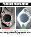 Exhaust flange gasket set, 2 pieces, 2-inch, 2-bolt; side-by-side: rusty old flange vs reinforced high-temp gasket
