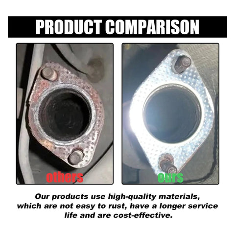 Exhaust flange gasket set, 2 pieces, 2-inch, 2-bolt; side-by-side: rusty old flange vs reinforced high-temp gasket