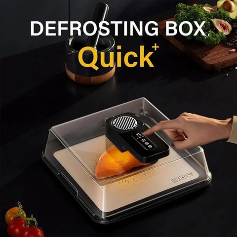 Electric Smart Defrosting Tray With Clear Visual Lid And Usb Power For Lightning Fast Meat Thawing High Conductivity Aluminum Base in use with chicken breast.