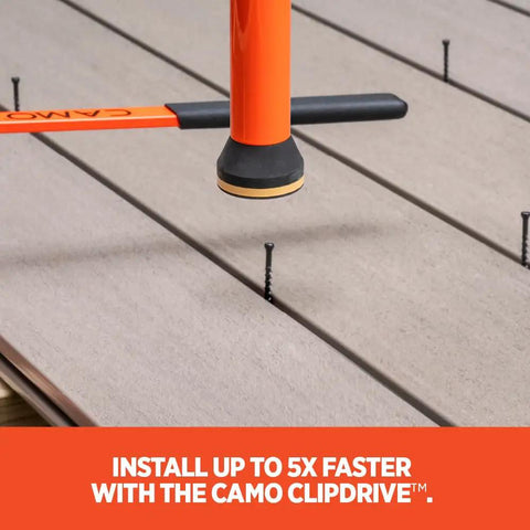 Heavy Duty Hidden Grooved Decking Fastener Clip Kit Includes Quick Driver Tool, installing clips on deck boards.