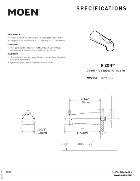 Specifications sheet for Tub Spout With Lift Diverter, 7 Inch, Slip Fit CC Connection, Brushed Nickel Finish, 1/2 Inch Pipe
