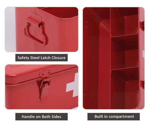 Xbopetda red metal first aid box with safety latch and built-in compartments for home use.