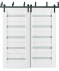 Two Door Barn Style Bypass Sliding System With Frosted Glass Panels, White MDF Construction, 84x96 Inches, Modern Farmhouse Look