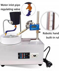 Real Badass Jade Cutting Angle Grinder With Solid Mechanical Handle Crafted For Jewelry Making And Gemstone Shaping Stainless Steel Build, features robotic hand and water inlet.