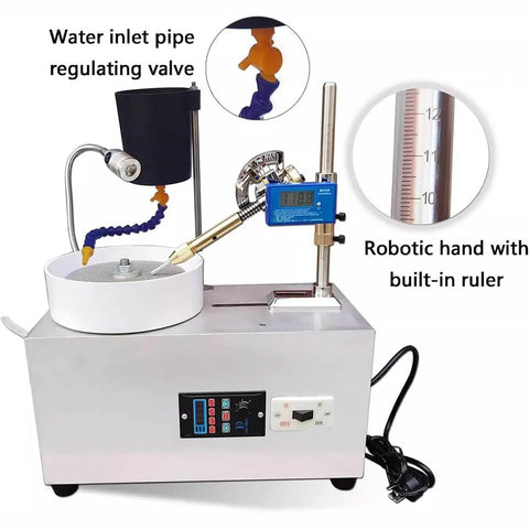 Real Badass Jade Cutting Angle Grinder With Solid Mechanical Handle Crafted For Jewelry Making And Gemstone Shaping Stainless Steel Build, features robotic hand and water inlet.