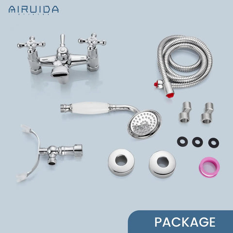 Wall Mount Bathtub Faucet With Telephone Handheld Sprayer Double Hot And Cold Mixer Cross Handles Old School Victorian Chrome Tub Filler For Clawfoot Tubs in package components view.