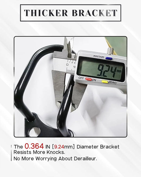 Durable Ebike Derailleur Guard Transmission Protector with 9.24mm thick aluminum bracket and caliper measurement display