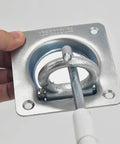 Rock Solid Recessed D Ring Tie Down Anchors Flush Mount Square Cargo Lockdown Kit 4 Pack Heavy Duty Steel Load Holders For Motorcycles No Trip Hazard featuring a galvanized steel tie down anchor close-up.