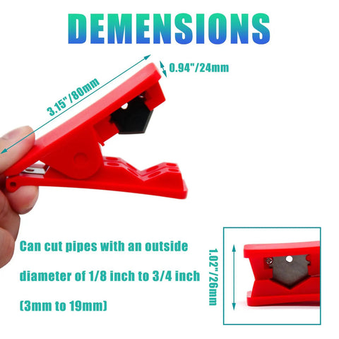 Side view of a red Three Pack PTFE Tube Cutter Set, Portable Nylon PVC PU Hose Cutter for Square and Round Tubing, showing dimensions.