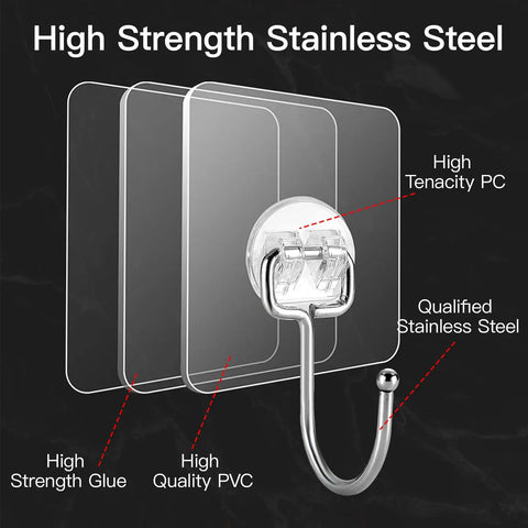Heavy Duty Self Adhesive Wall Hooks 10 Pack Holds Up To 44 Pounds Stainless Steel No Drill Setup Clear Hanger Strips Knockout Grip For Kitchens Bathrooms And Home Storage