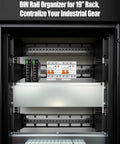 Heavy Duty 19 Inch Rack Mount DIN Rail Kit With 2U Adjustable Depth Bracket, installed with devices in a rack cabinet