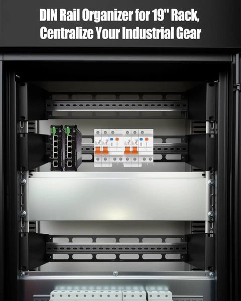 Heavy Duty 19 Inch Rack Mount DIN Rail Kit With 2U Adjustable Depth Bracket, installed with devices in a rack cabinet