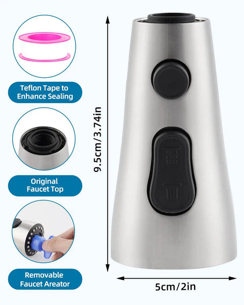 Premium Stainless Steel Faucet Head Replacement With Three Spray Modes And Brushed Nickel Finish Universal Kitchen Attachment Kit showing Teflon tape and faucet top detail.