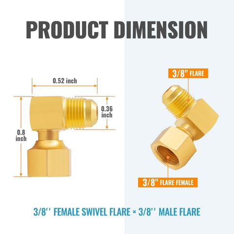 Two-view illustration of brass 90° flare elbow fitting: 3/8" female swivel and 3/8" male flare for propane heaters.