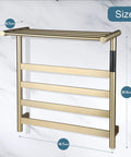 Brushed Gold 4 Bar Heated Towel Rack Wall Mount Electric Towel Warmer For Bathroom dimensions shown on marble background