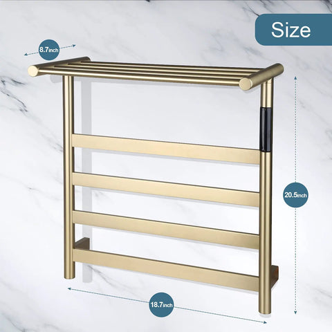 Brushed Gold 4 Bar Heated Towel Rack Wall Mount Electric Towel Warmer For Bathroom dimensions shown on marble background