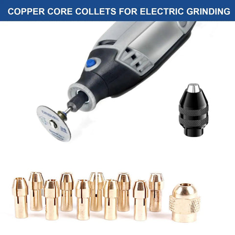 Heavy Duty Drill Chuck Collet Set Replaces 1-32 Inch To 1-8 Inch Keyless Rotary Tool Adapter with collets and tool for grinding.