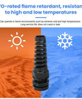 Beefed Up M16 Strain Relief Cord Connector With PA66 Nylon Gland, Rugged Spiral Cable Grip For Five To Ten Millimeter Wires, IP69 Waterproof Cable Clamp With Gaskets And Locknut, Black, shown with heat and cold icons