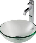 Clear Glass 14 Inch Vessel Sink And Chrome Faucet Combo For Bathroom With Showpiece Pop Up Drain Modern Easy To Clean Fixture Set
