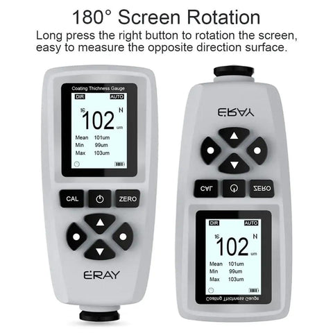 Mil Thickness Gauge With Fe NFe Dual Probe 0 to 2000 Um Coating Thickness Meter With Backlit LCD Display Stores Up To 320 Readings When Off Power, 4 Groups, User Friendly Visual Interface For Paint, Automotive, And Coatings, grey device front and rotated screen