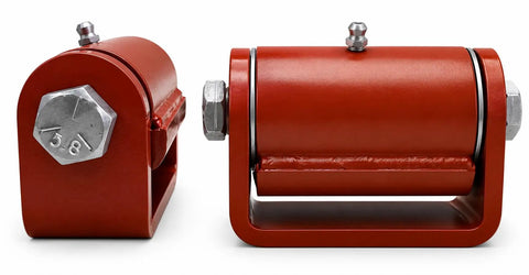 Workhorse Roller Cage Hinges 3.5 Inch Heavy Duty with Grease Fitting and removable axle, showing red steel build.
